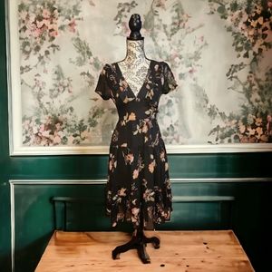 New Look A-Line V Neck Ruffle Embellished Sheer Floral Dress Size 12 In Black